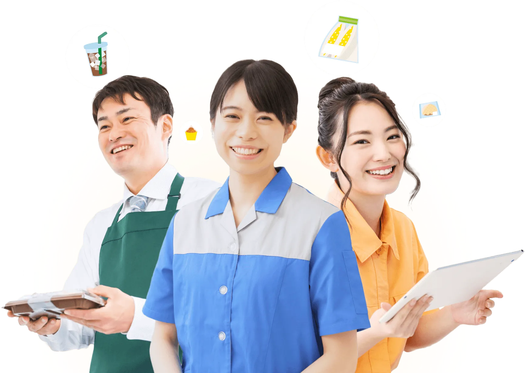 制服を着た3人のスタッフが笑顔で並んで立っている様子。背景に食べ物や飲み物のイラスト。