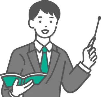 本を持ち、指し棒で説明をしているスーツ姿の男性のイラスト。